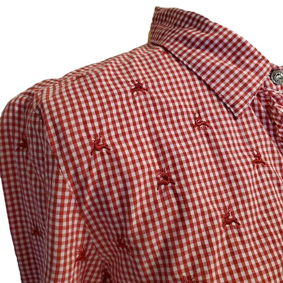 Vintage Country Line Red & White Reindeer Ruffle Button Top Women's Small - Picture 3 of 10
